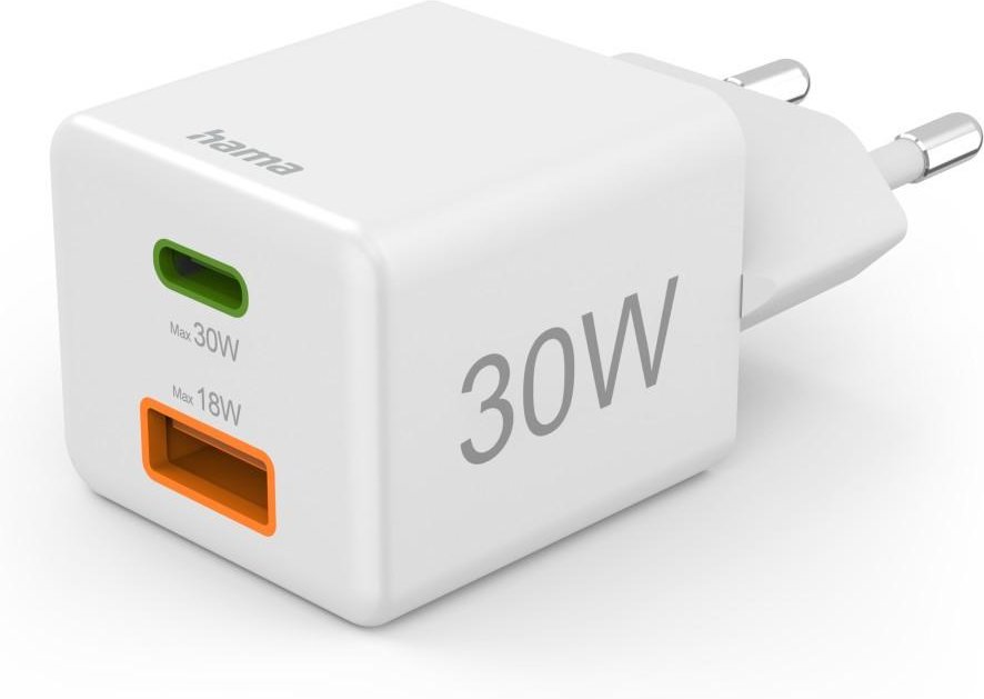 Schnellladegerät, 1x USB-C, 1x USB-A, Mini-Ladegerät, PD, 30 W, Weiß (00201992)