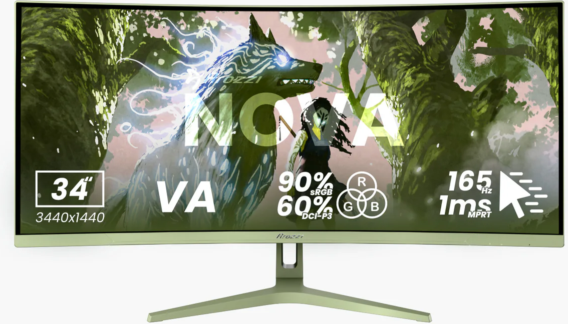 Nova, Grün, 34 Zoll, Curved, WQHD, VA, 165 Hz, 1 ms Gaming-Monitor