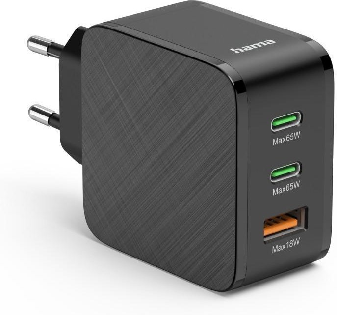 Schnellladegerät, 2x USB-C PD, 1x USB-A QC, 65 W, Schwarz (00201965)
