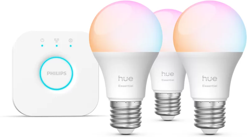 Basis Starter-Set: 3 smarte Lampen E27 (806 lm) + Philips Hue Bridge