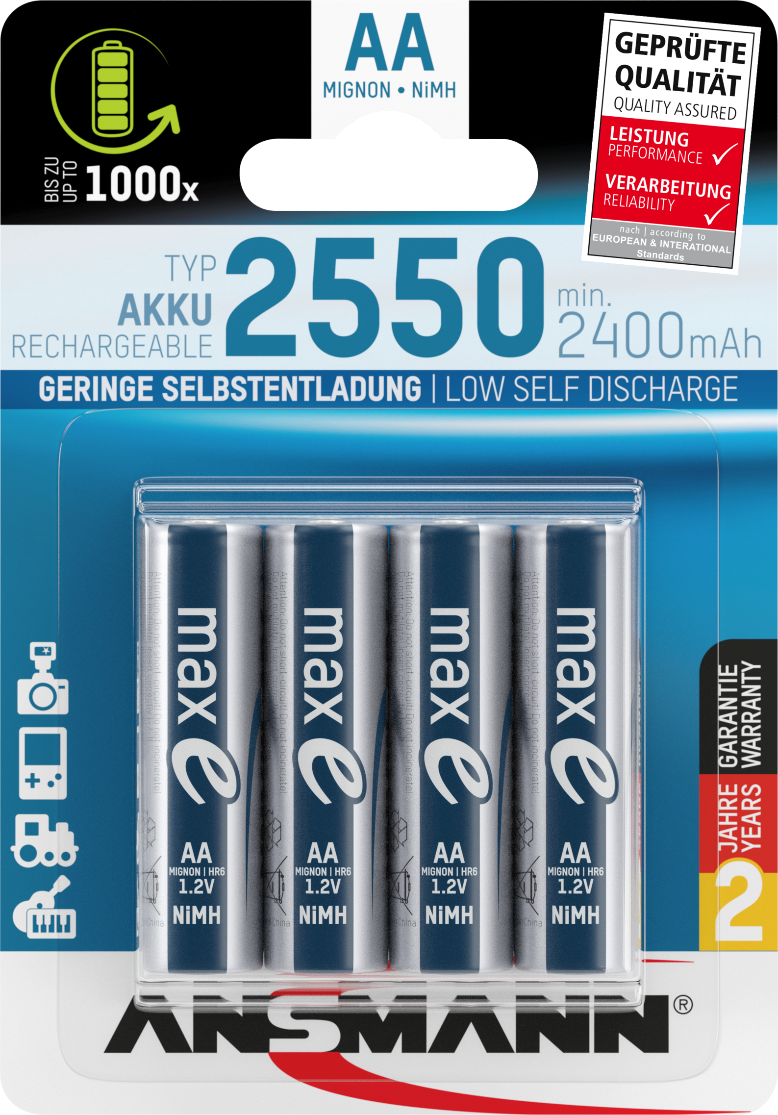 NiMH Akku Mignon AA Typ 2550 (min. 2400 mAh) maxE 4er Blister Akku