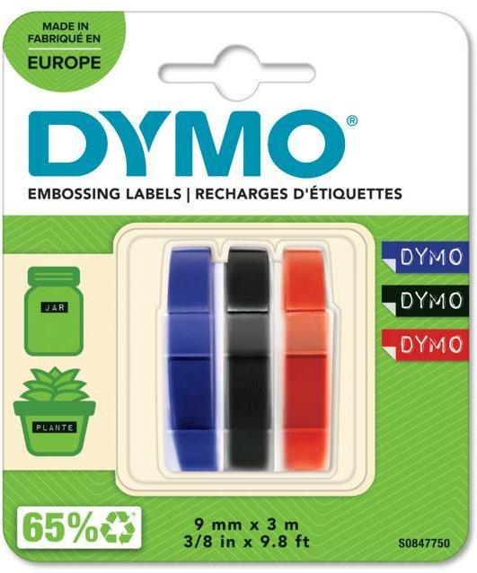 Original Prägeband-StarterSet für OMEGA und JUNIOR, Plastik, 9mm x 3m, 3x glänzend rot/blau/schwarz