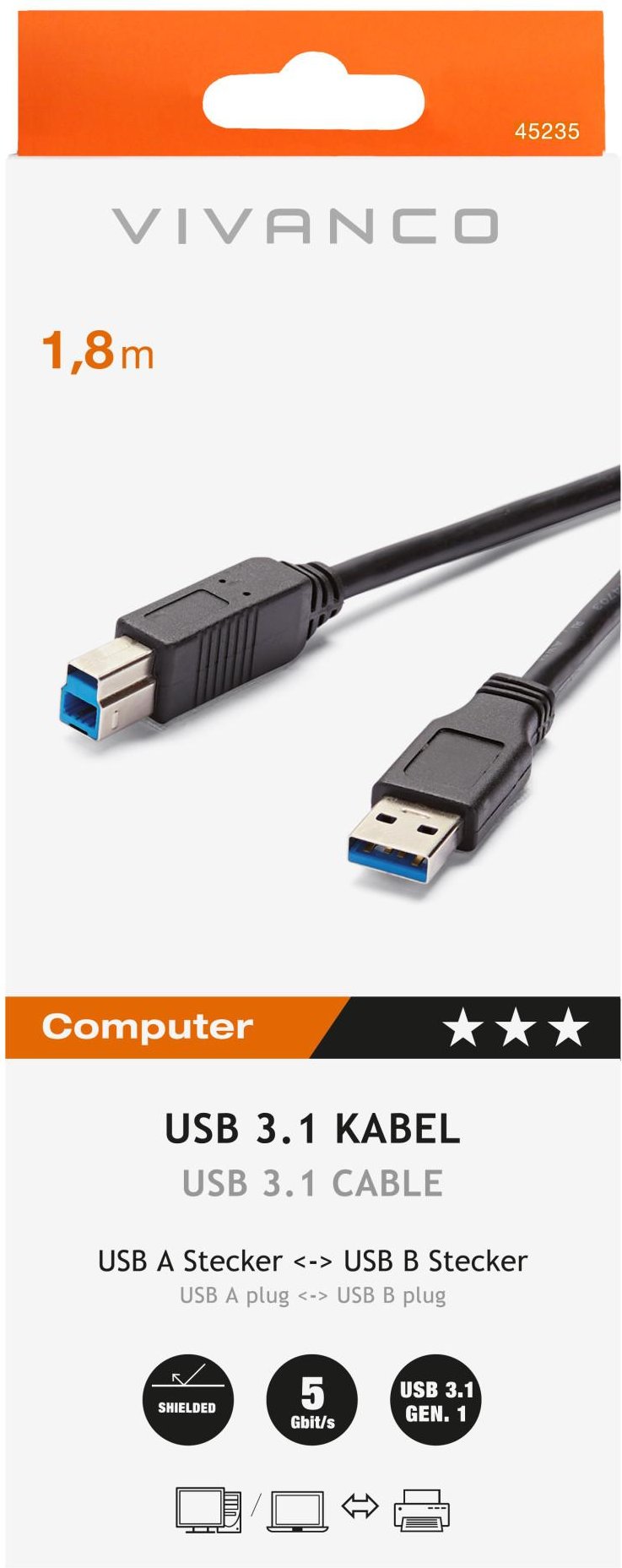 Thumbnail - USB 3.1 Gen.1 Anschlusskabel, USB 3.1 Type A USB 3.1 Type B, 1,8m (45235)