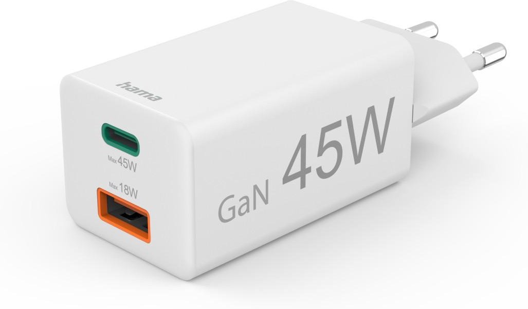 Schnellladegerät, 1x USB-C, 1x USB-A, Mini-Ladegerät, PD, 45 W, Weiß (00201993)