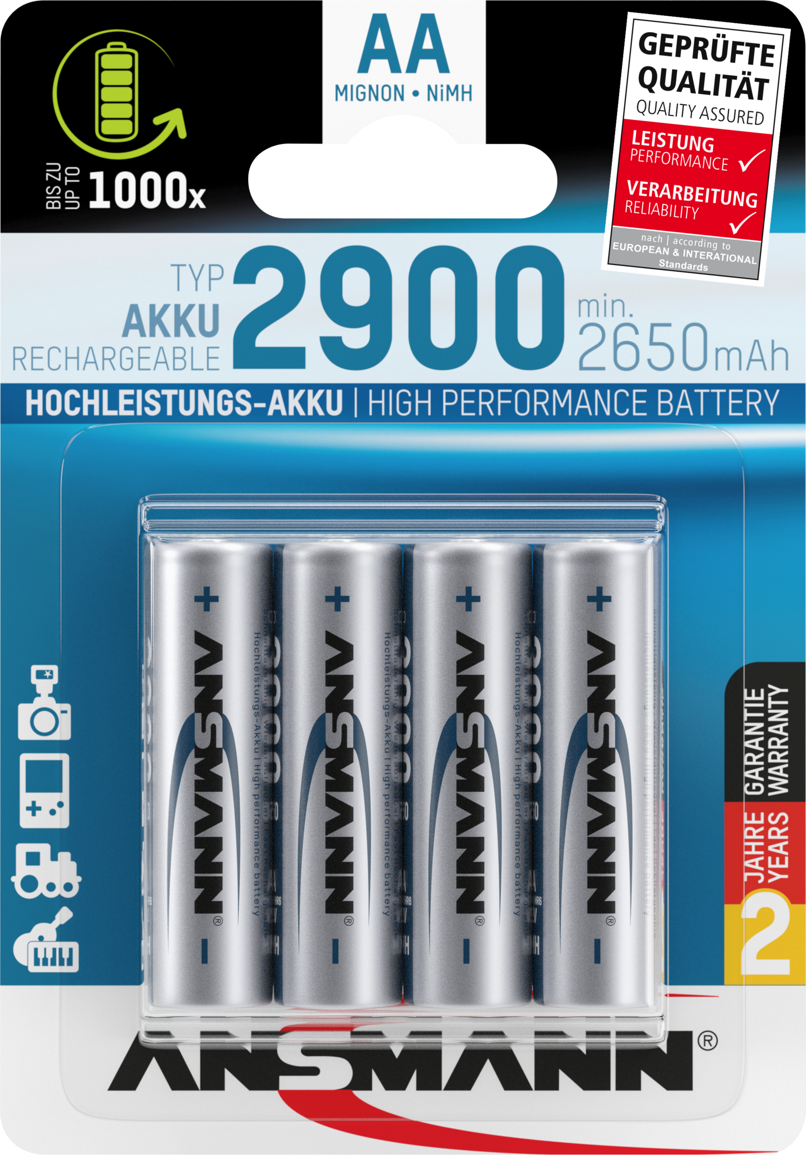 NiMH Akku Mignon AA Typ 2900 (min. 2650 mAh) 4er Blister Akku