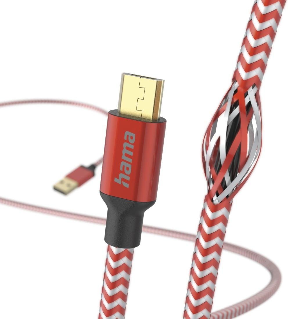 Thumbnail - Ladekabel "Reflective", USB-A - Micro-USB, 1,5 m, Nylon, Rot (00201556)