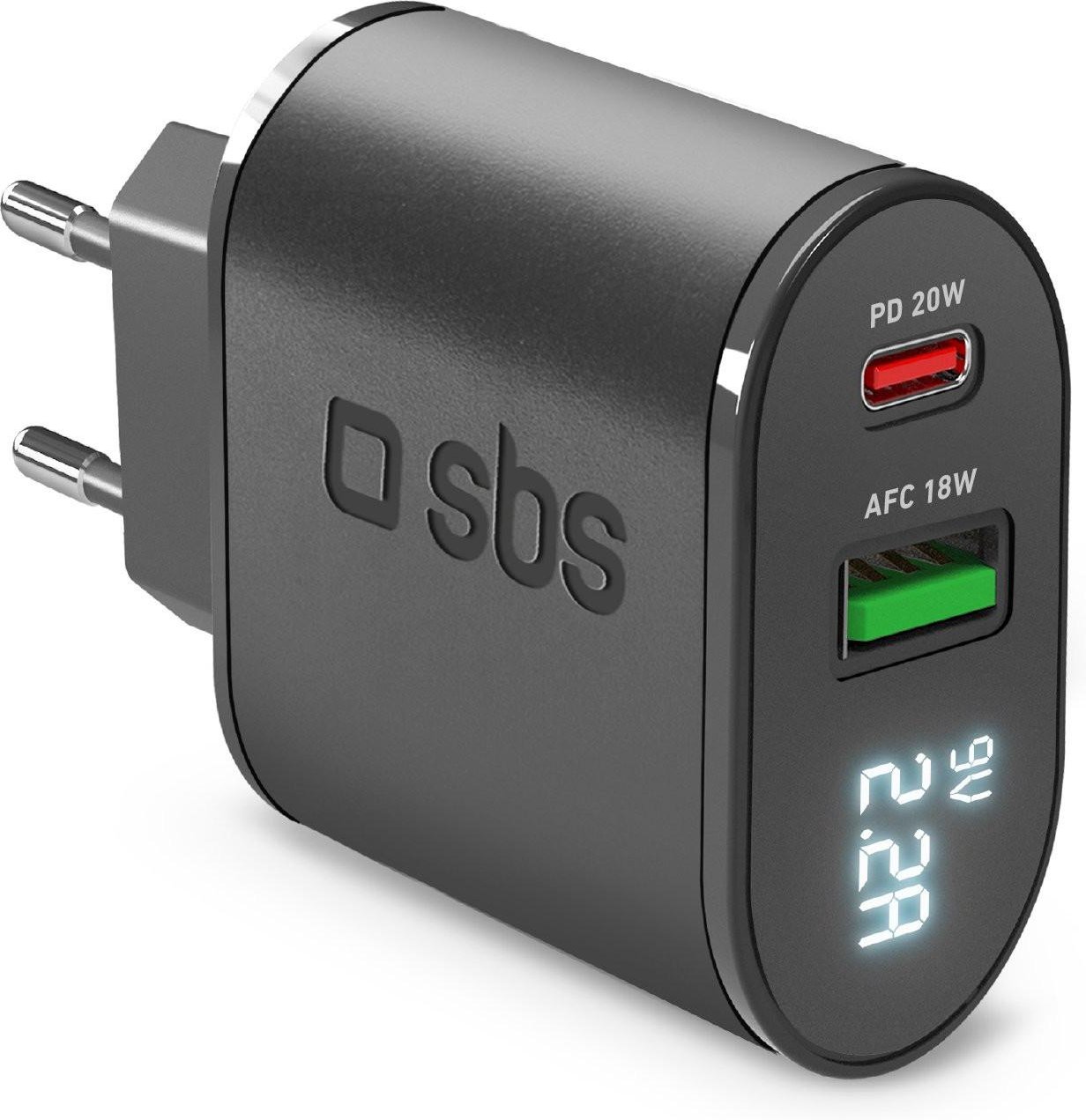 20W-Ladegerät mit LCD-Bildschirm, USB-C und USB-A, Schwarz