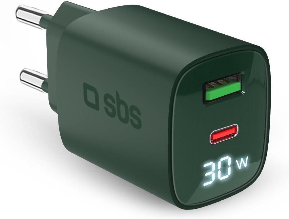 Wandladegerät mit LCD-Bildschirm, USB-C-PD-30W-Ausgang, USB-A-18W-Ausgang, Grün