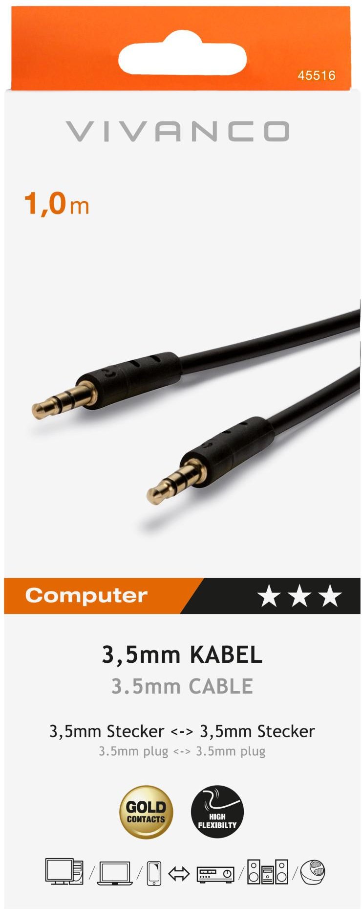 Audio Anschlusskabel, 3,5 mm Klinke - 3,5 mm Klinke, 1m (45516)