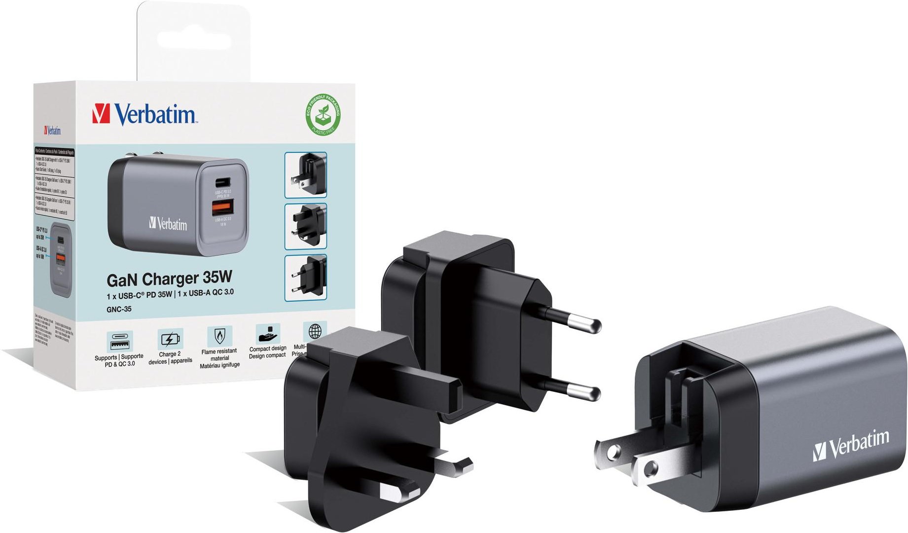 GNC-35 Universal GaN-Ladegerät, 35 W, USB-C, USB-A, Schwarz/Grau