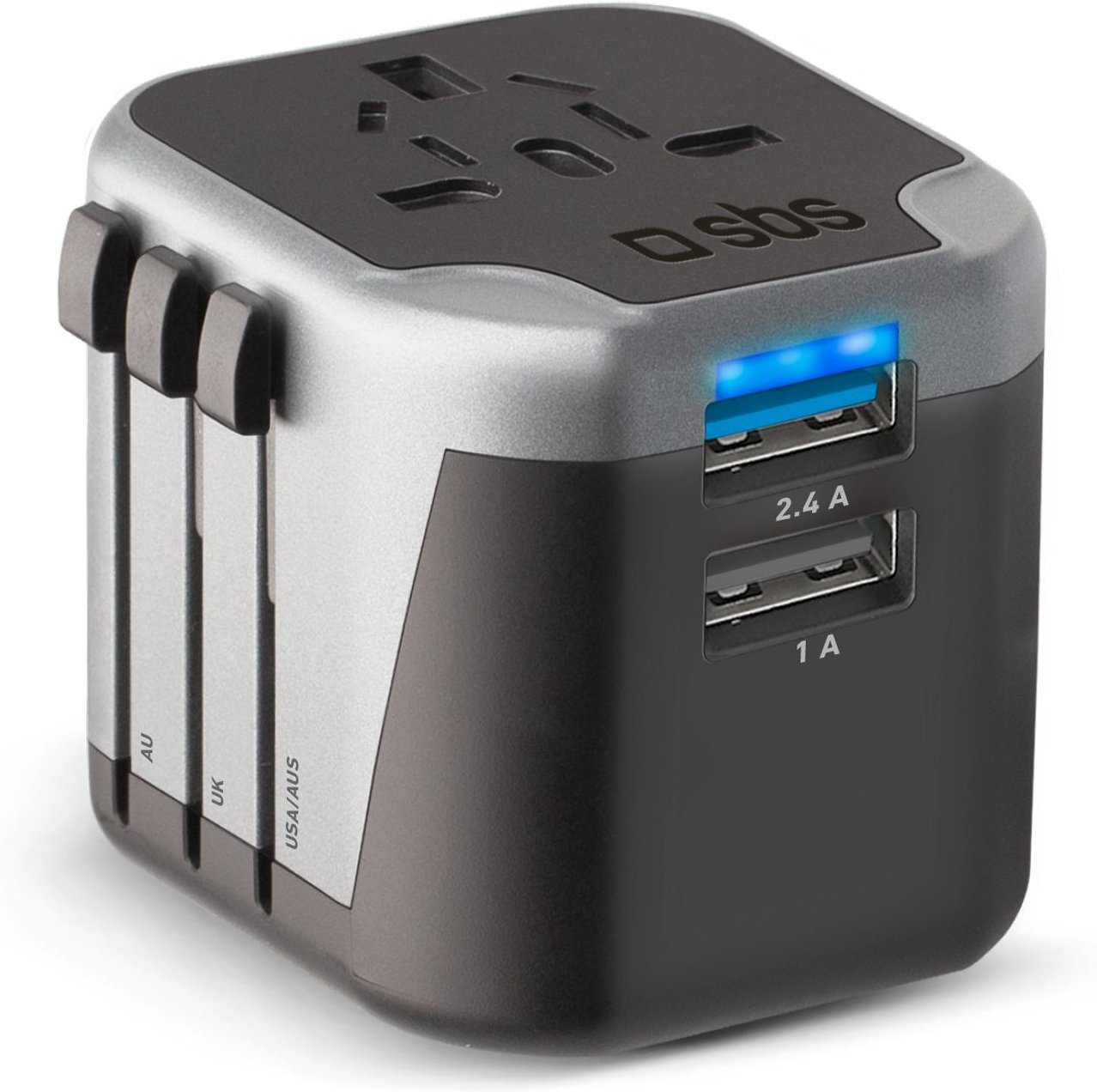 Universal-Reiseadapter, USB-A, 12 W, 2,4 A, 1 A, Schwarz/Silber