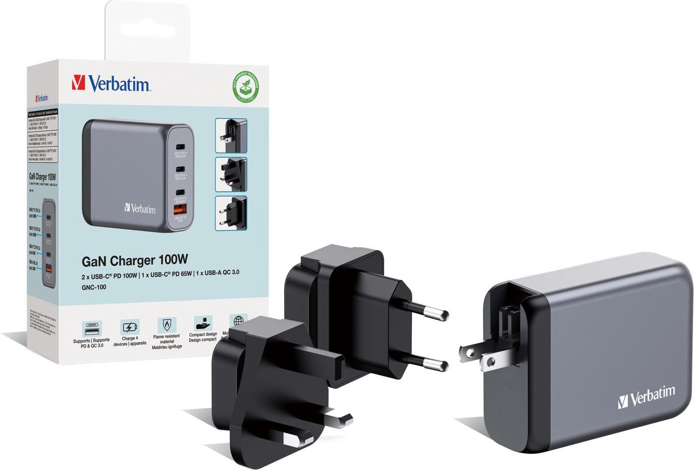 GNC-100 Universal GaN-Ladegerät, 100 W, USB-C, USB-A, Schwarz/Grau