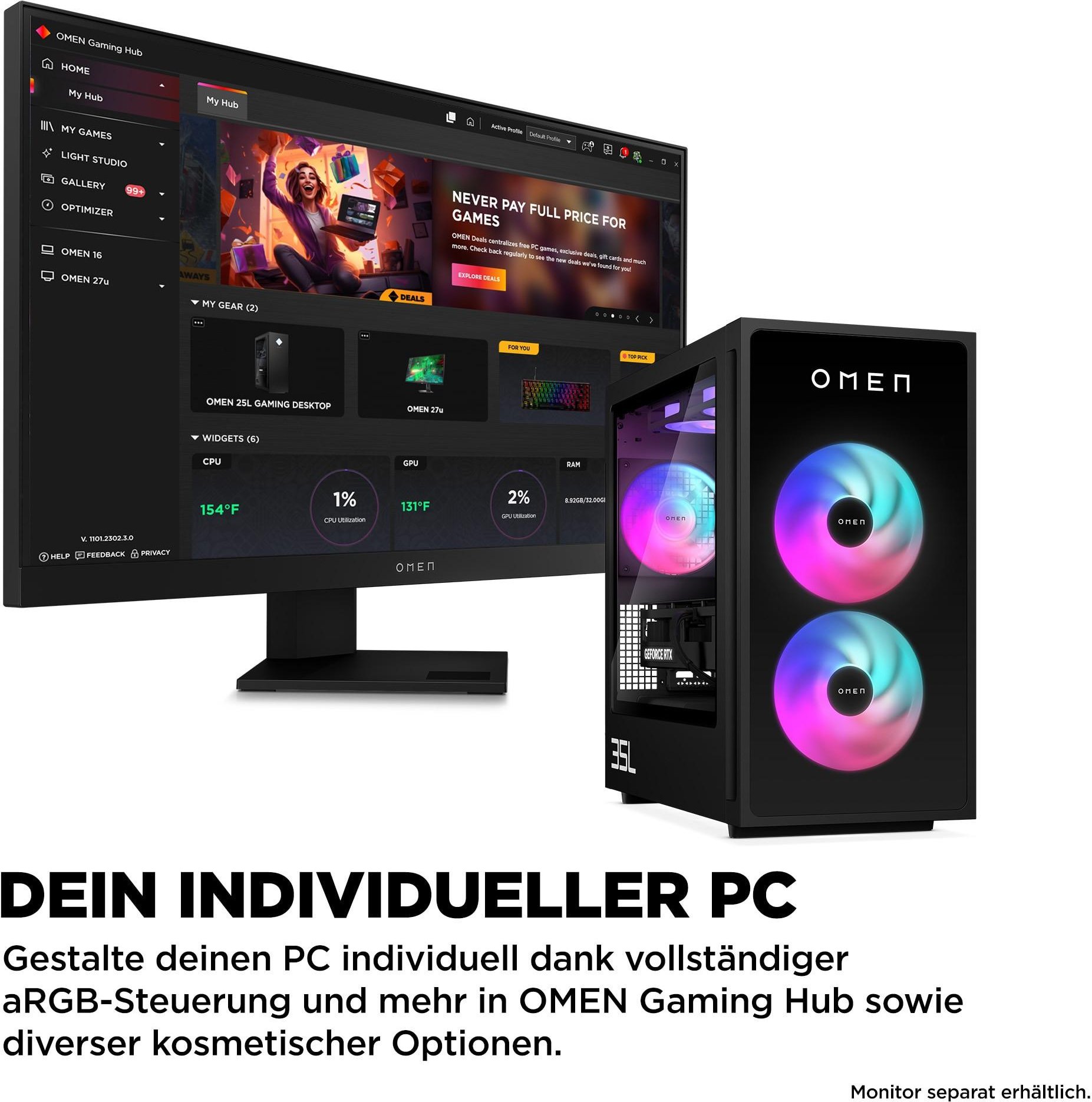 Gaming-PC OMEN GT16-0674ng, Schwarz, AMD Ryzen 7 8700F, 32 GB, 1 TB M.2 SSD, NVIDIA GeForce RTX 5070