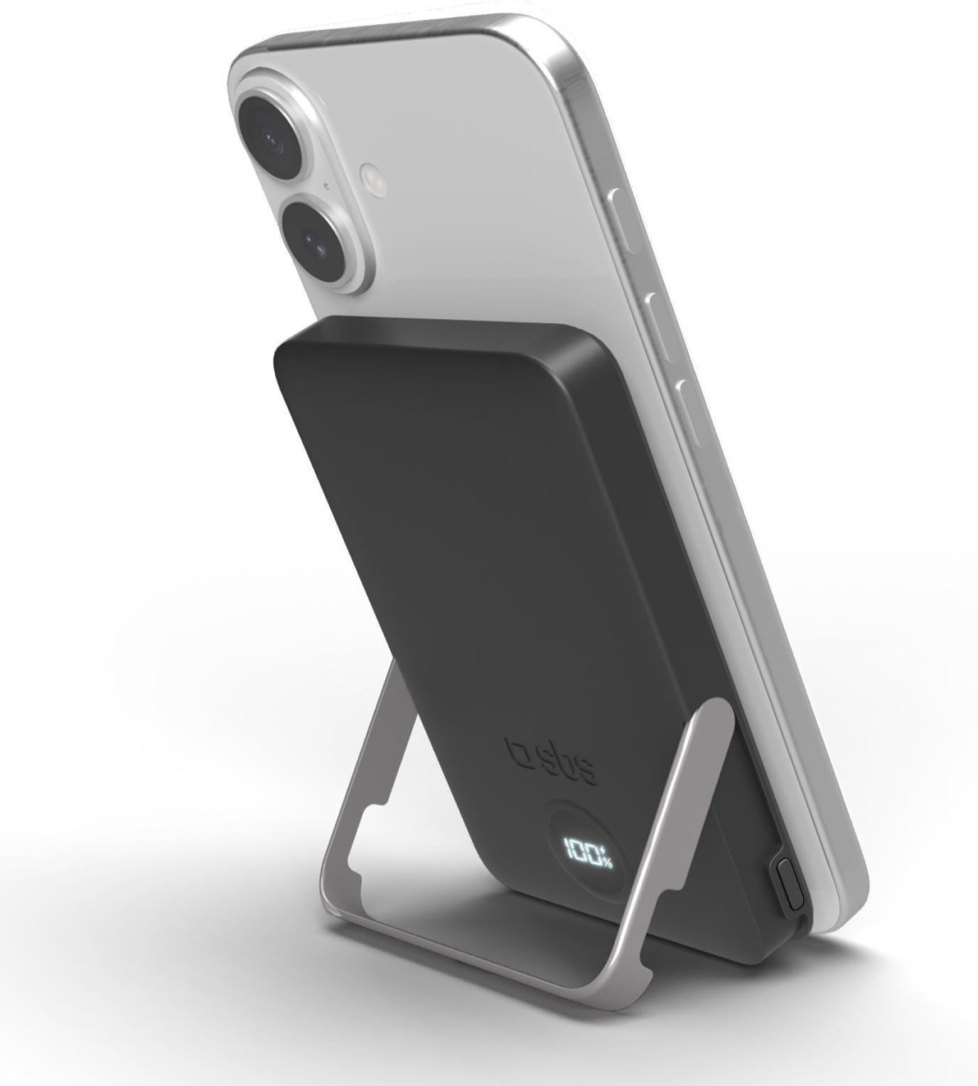 Powerbank mit 5.000 mAh, kabelloses Laden und integriertem Standfuß, Schwarz