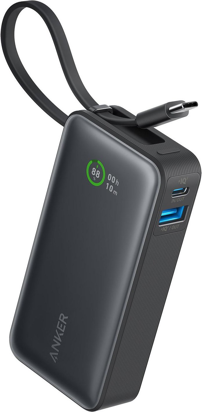 Nano Powerbank (10.000mAh, 30W, Integriertes einziehbares USB-C Kabel), Schwarz