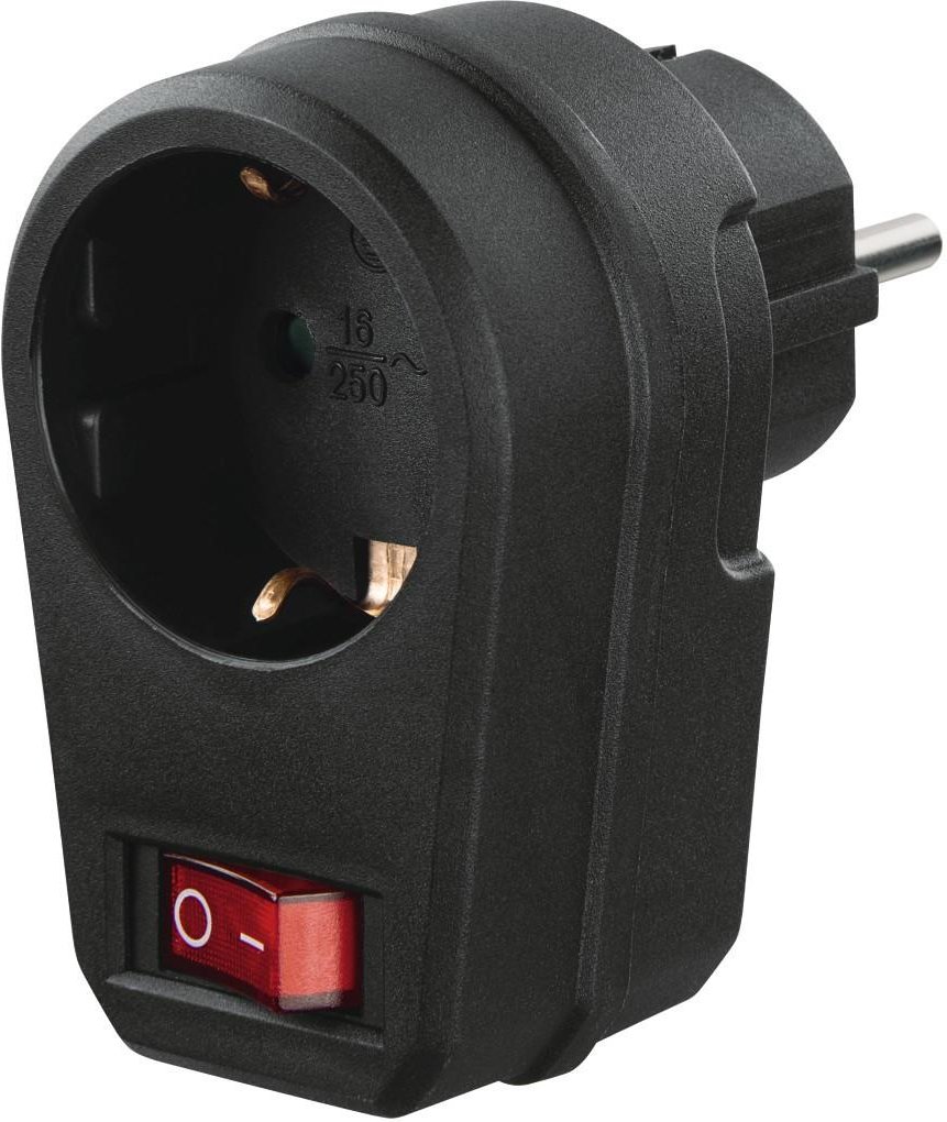 Steckdosenadapter, Schutzkontakt-Steckdose, Schalter, Schwarz (00223214)