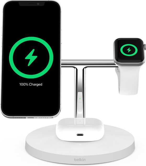 BoostCharge Pro Drahtloses 3-in-1-Ladegerät mit MagSafe, 15 W, Weiß