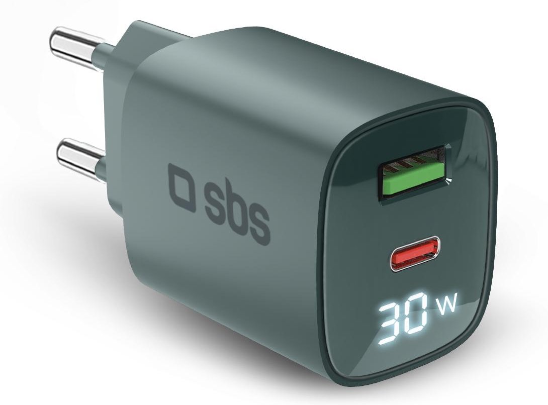 Thumbnail - Wandladegerät mit LCD-Bildschirm, USB-C-PD-30W-Ausgang, USB-A-18W-Ausgang, Hellblau