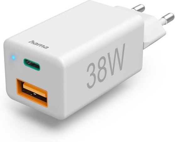 Schnellladegerät, 1x USB-C, 1x USB-A, Mini-Ladegerät, PD, 38 W, Weiß (00201640)