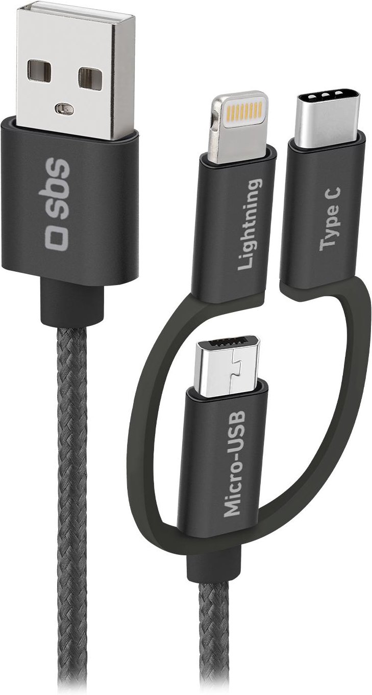 USB-auf-Micro-USB-Kabel mit Lightning- und USB-C-Adaptern, Schwarz