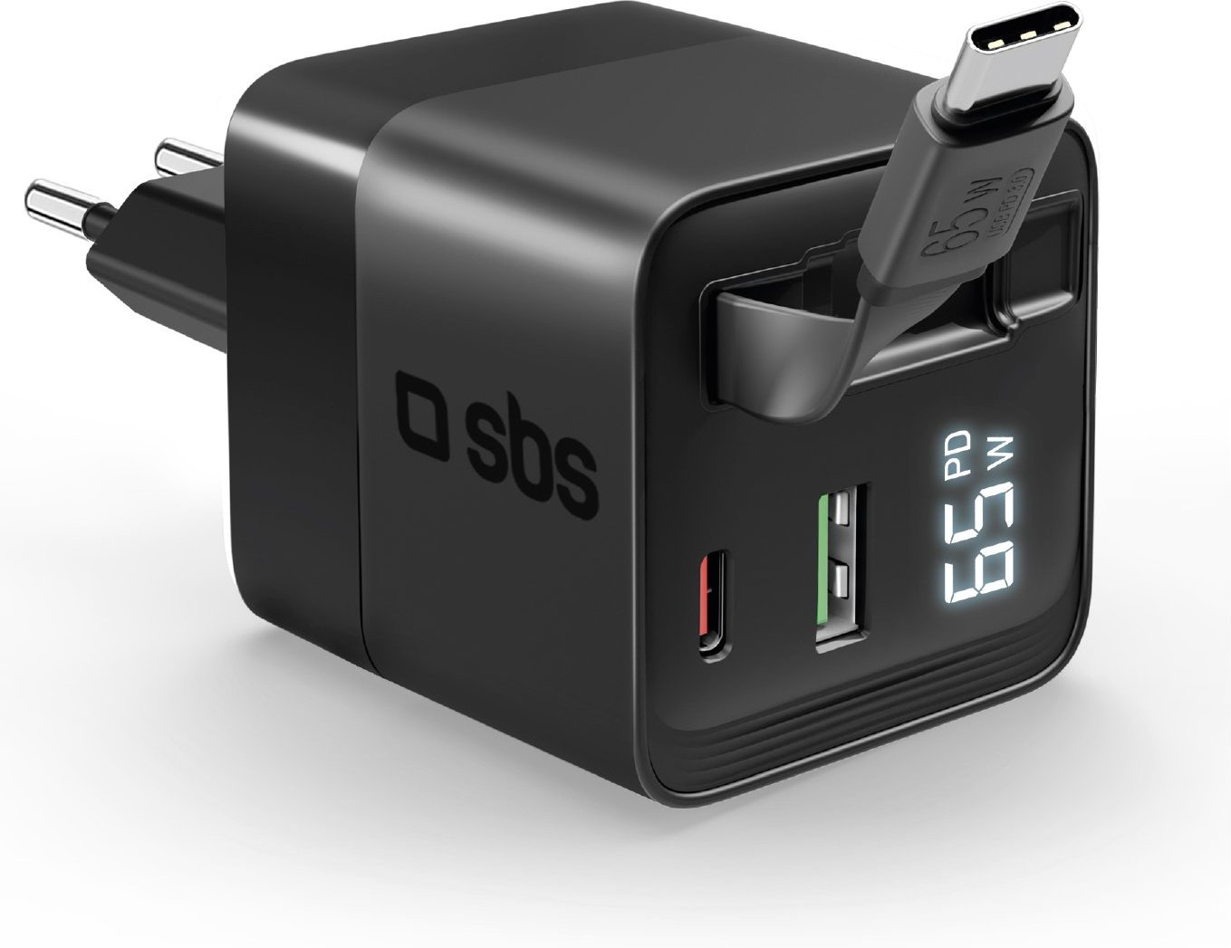 Thumbnail - Wandladegerät GaN 65 W mit LCD-Bildschirm und integriertem USB-C-Kabel, Schwarz Ladegeräte