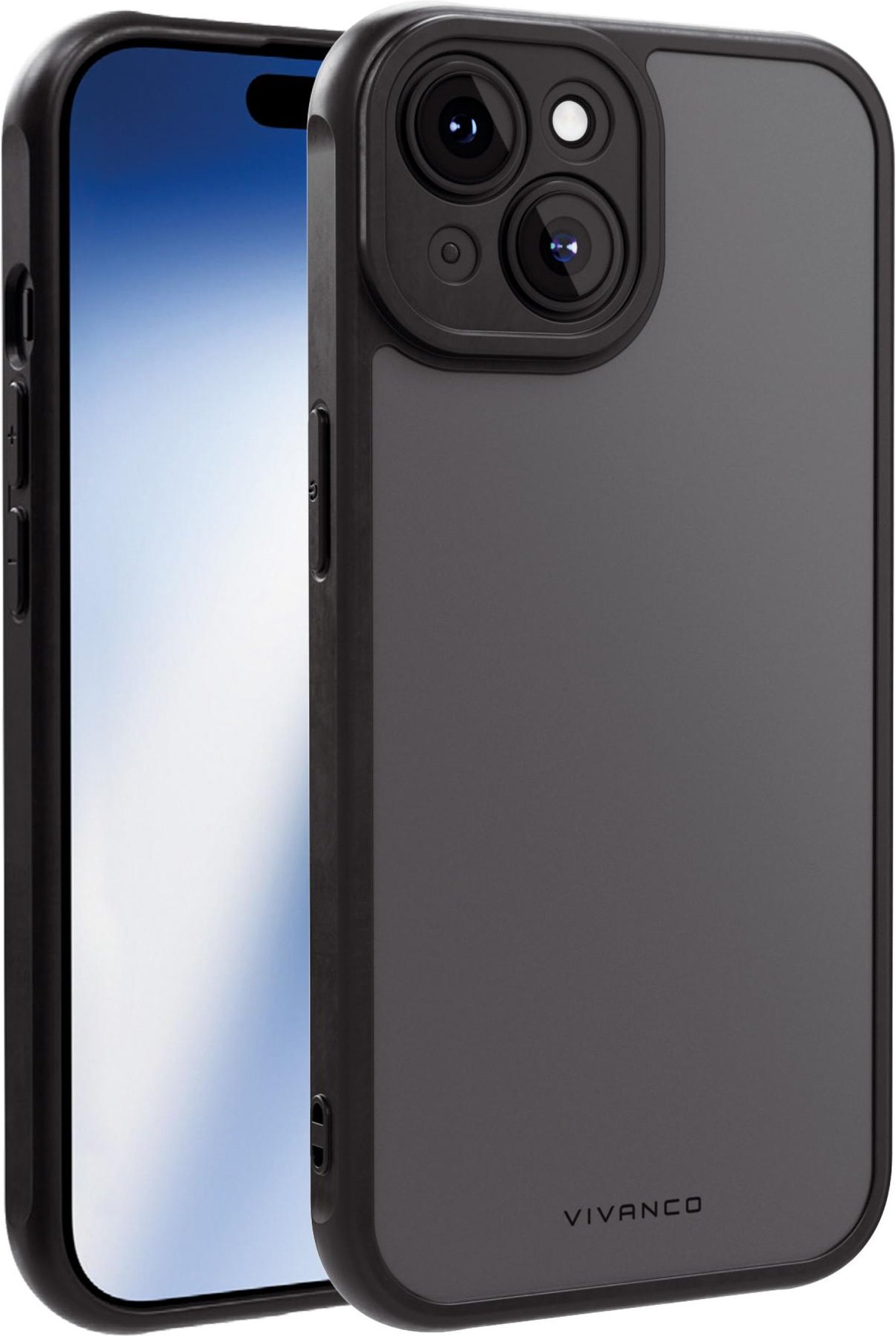 Frosted Cover für iPhone 15 mit integriertem Kamera Schutzrahmen, semi-transparent/schwarz (63891) Handyhülle