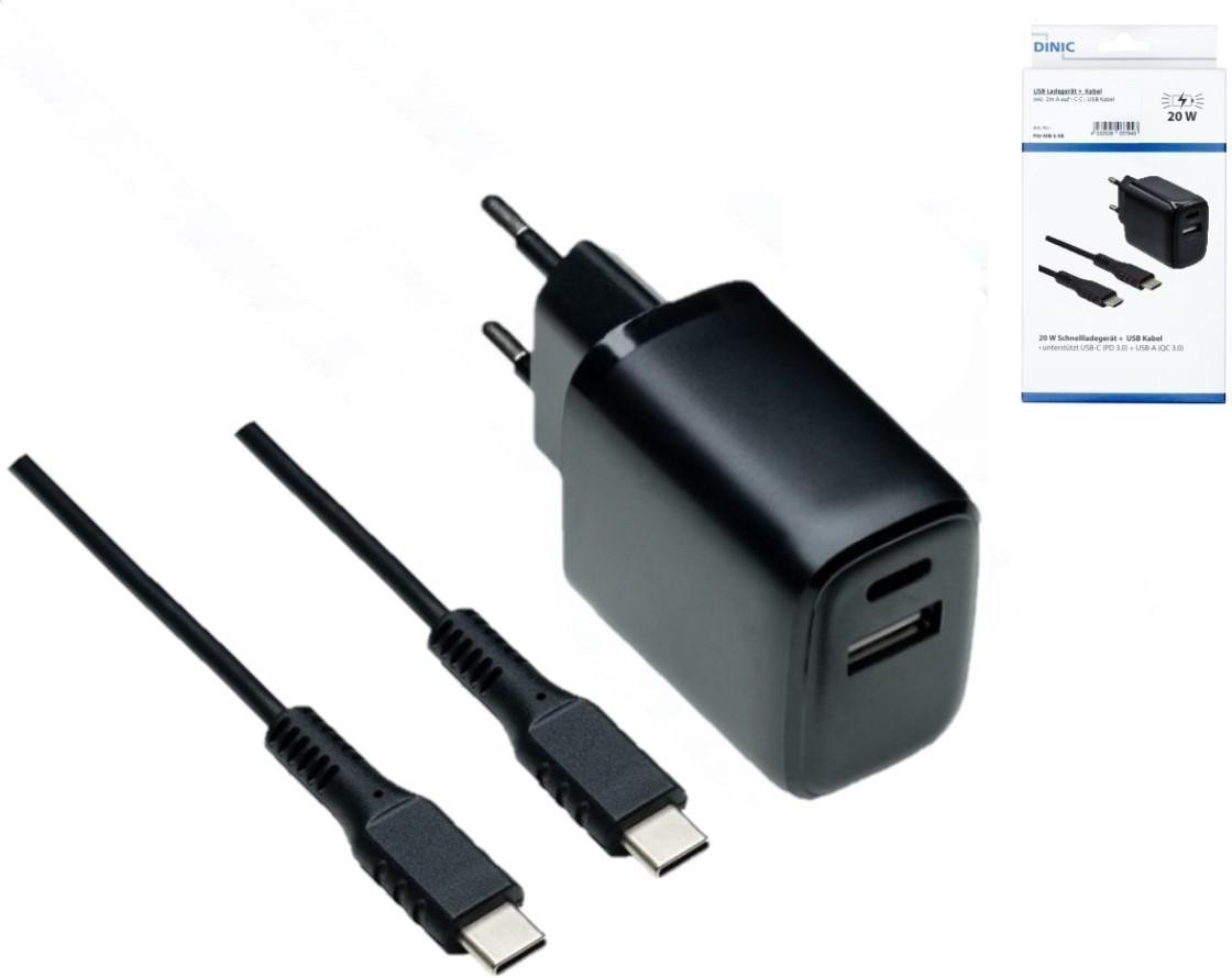 Ladegerät (USB-A + USB-C), mit USB-C Ladekabel, 20 W, 1,5 m, Schwarz
