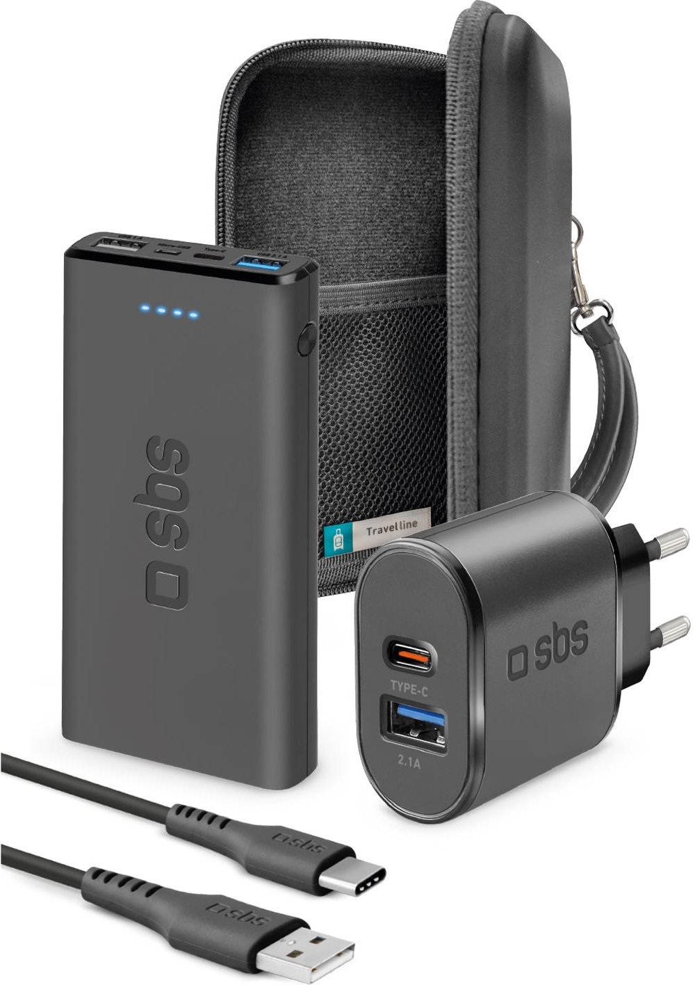 Reise-Kit mit Organizer, Powerbank, Wandladegerät und USB-USB-C-Kabel Schwarz