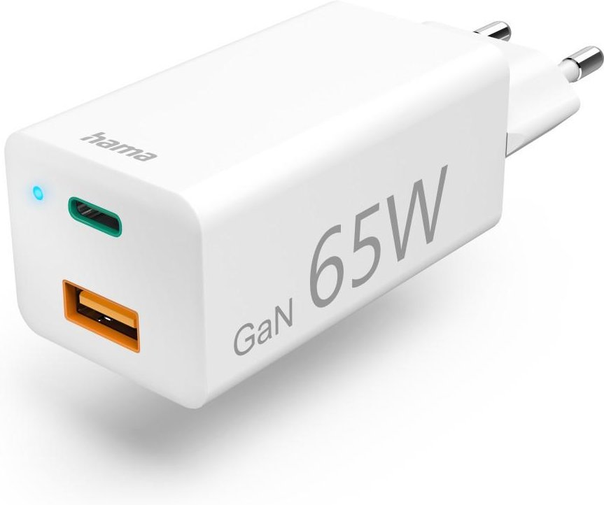 Schnellladegerät, GaN, 1x USB-C, 1x USB-A, Mini-Ladegerät, PD, 65 W, Weiß (00201643)