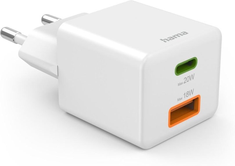 Schnellladegerät, 1x USB-C, 1x USB-A, Mini-Ladegerät, PD, 20 W, Weiß (00201991)
