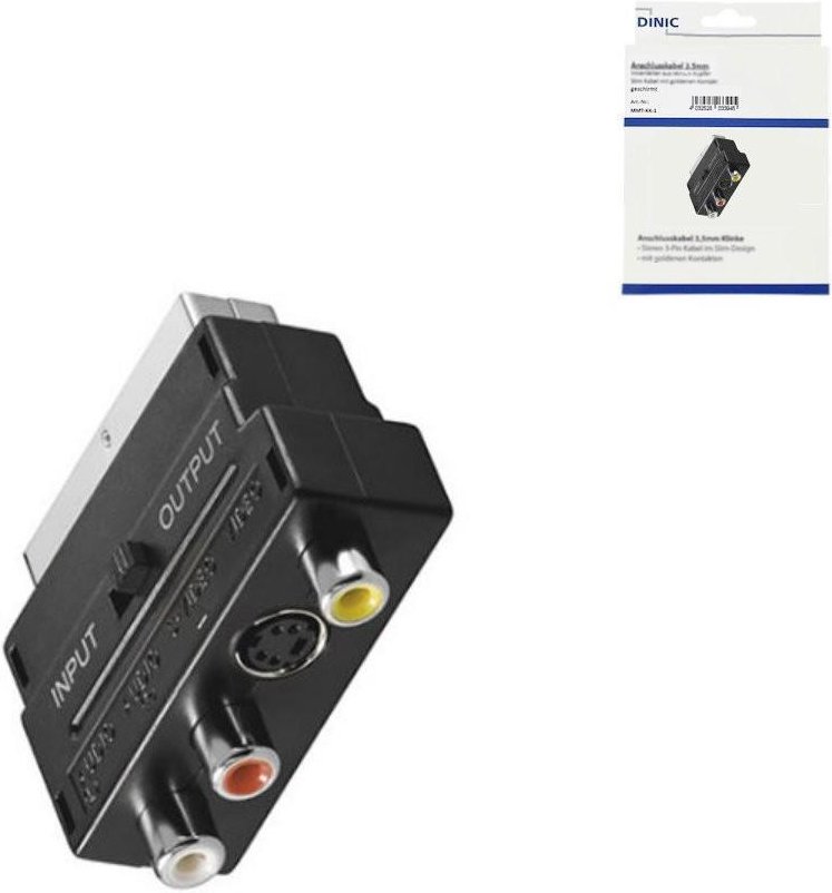 Scartstecker mit IN/OUT Umschalter, 3x Cinchbuchse und 4 pol. mini DIN-Buchse