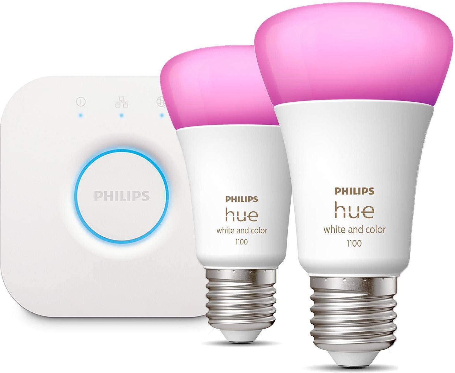 Hue White & Color Ambiance Starter-Set: E27 - Smarte Lampe A60 Doppelpack inklusive Hue Bridge