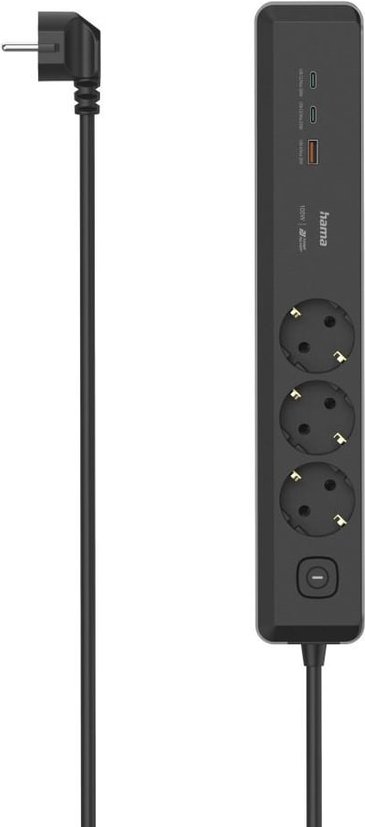 Steckdosenleiste, 3-fach, USB-C/A 100W, PD, Schalter, 1,4 m, Schwarz/Grau (00223192)