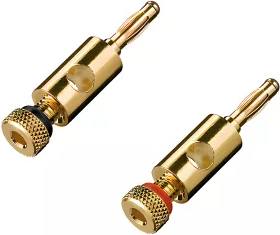 Bananenstecker-Set, 4mm, Vergoldet, Schraubanschluss, 2 Stück, Farbring Rot & Schwarz