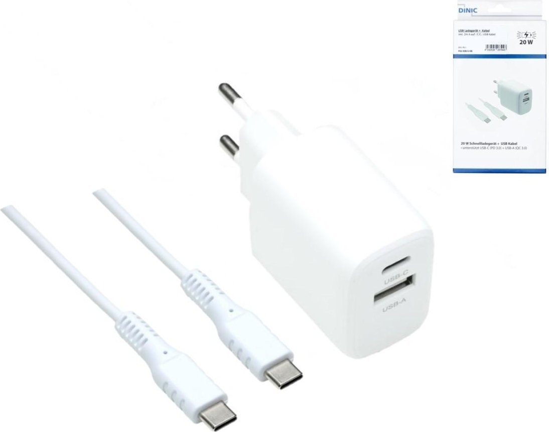 Ladegerät (USB-A + USB-C) inkl. USB-C-Kabel, 1,5 m, 20 W, Weiß