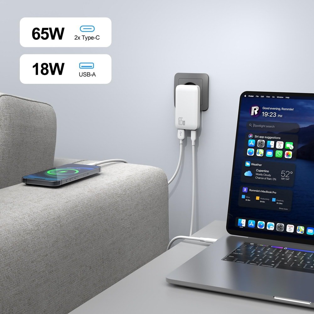 65W GaN PD Reiselader Slim, USB-A + 2 USB-C Anschlüsse, weiß, inklusive 100W PD USB-C Kabel
