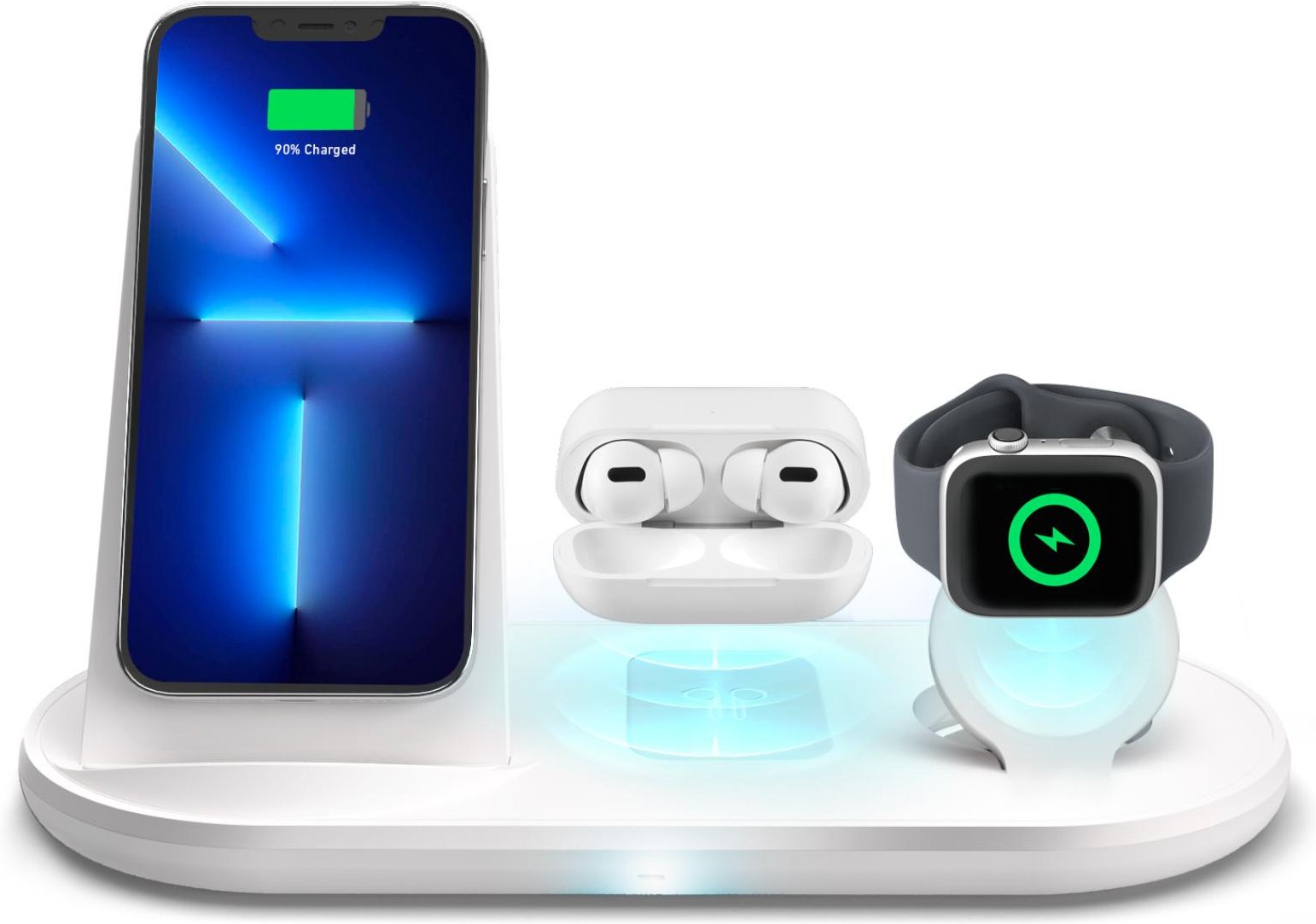 Kabelloses QI-Ladegerät mit Halterung für Smartphones, Ohrhörer und Apple Watch Weiß