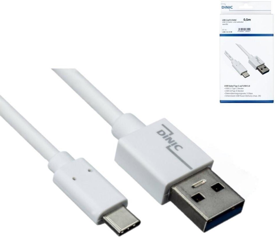 USB-A auf USB-C Ladekabel, 0,5 m, 5 Gbps, 3 A charging, Weiß