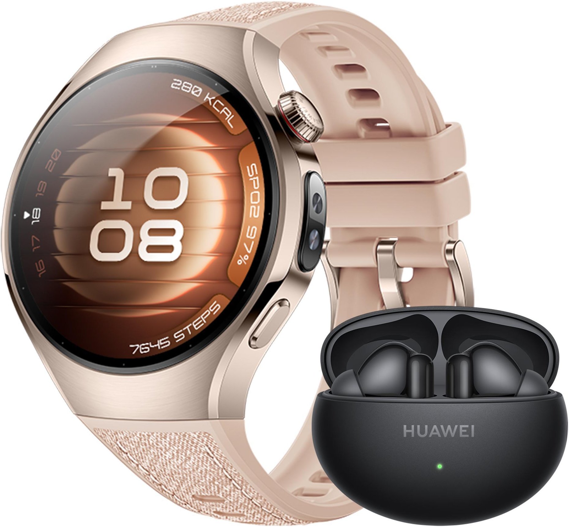 Watch 5, 42 mm, Sandgoldenes 904L Edelstahlgehäuse mit beigem Kompositarmband + FreeBuds 6i