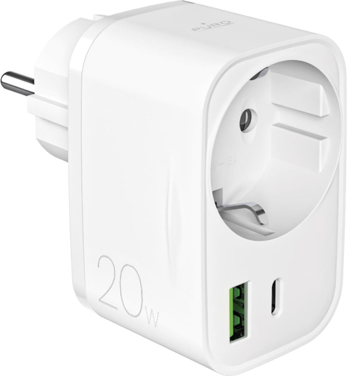 Wall charger with Schuko socket, 1 USB-C 20W Power Delivery output and 1 USB-A output