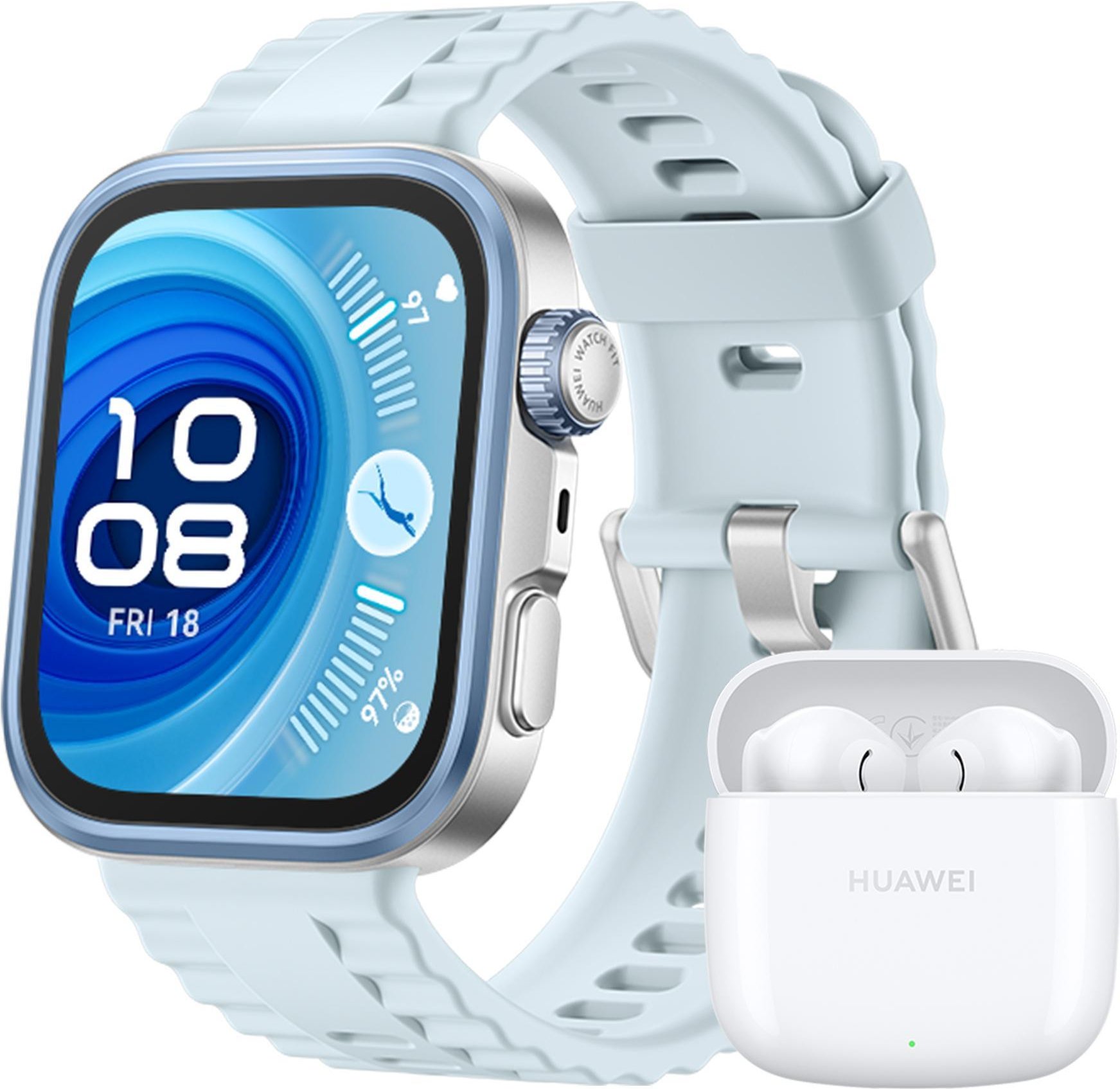 Watch Fit 4 Pro, silbernes Gehäuse mit blauem Fluorelastomer-Armband + FreeBuds SE 2