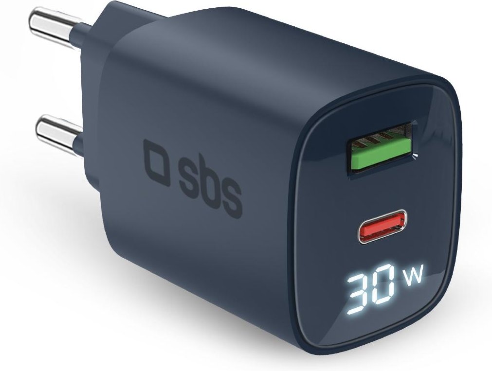 Wandladegerät mit LCD-Bildschirm, USB-C-PD-30W-Ausgang, USB-A-18W-Ausgang, Blau