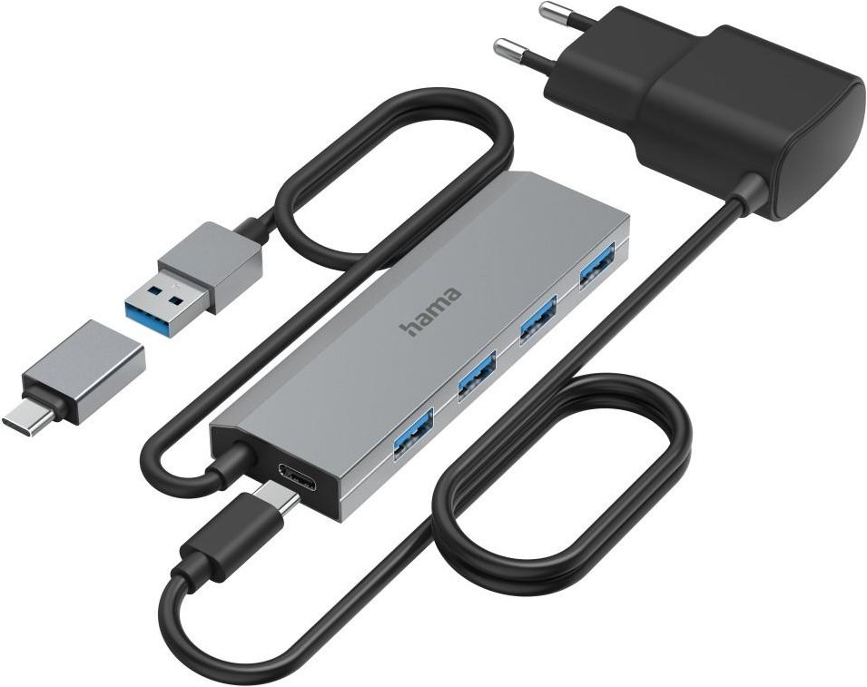 USB-Hub, 4 Ports, USB 3.2 Gen1, 5 Gbit/s, inkl. USB-C-Adapter und Netzteil (00200138)