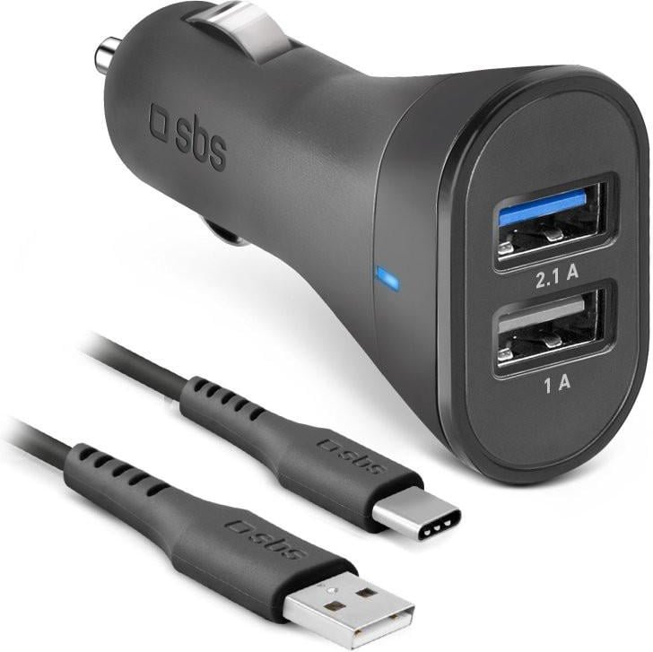 Thumbnail - Autoladegerät mit USB-C-Kabel, USB-A, 10 W, 2,1 A, 1 m, Schwarz