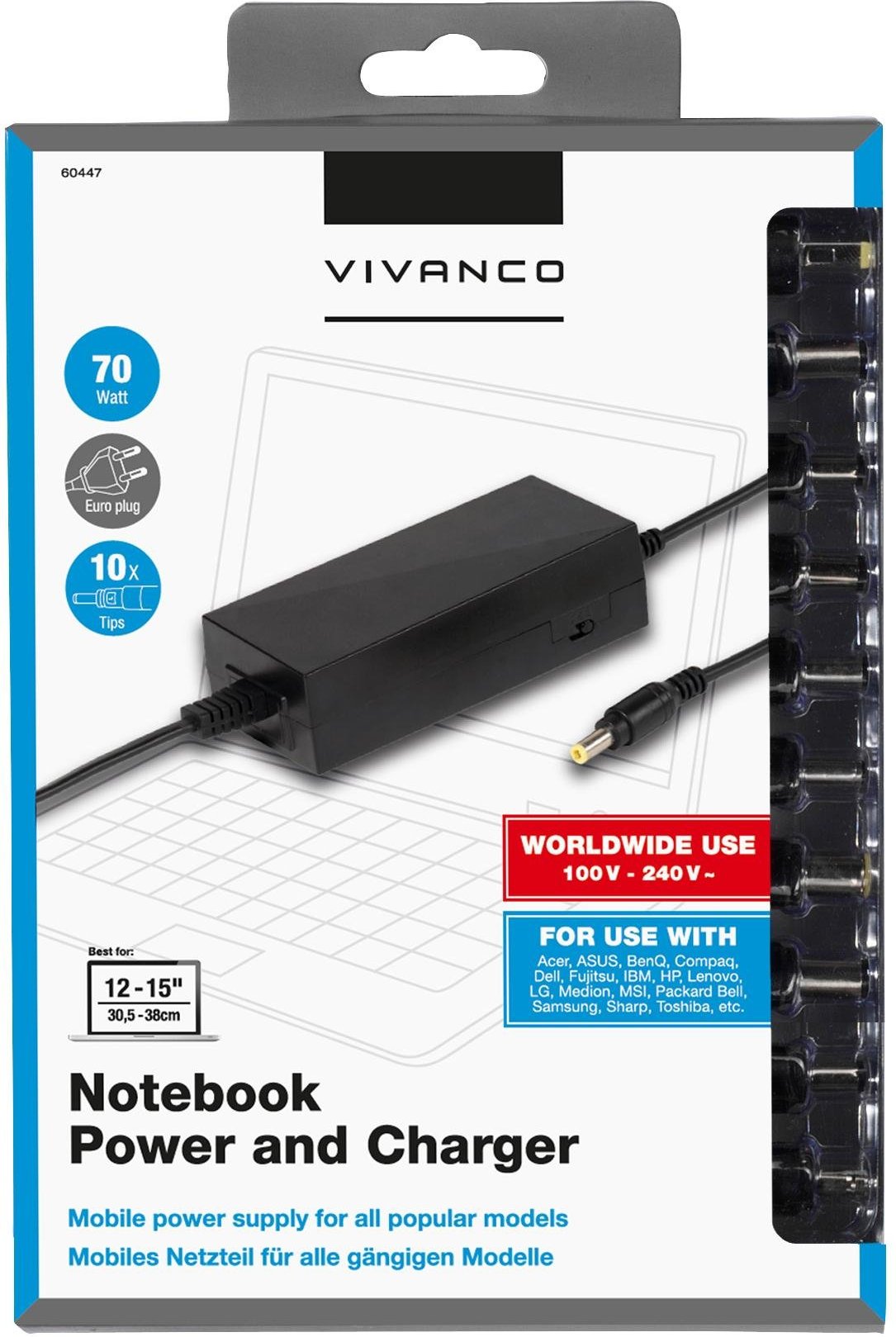 Universal Schaltnetzteil für Notebooks und Netbooks, 70W, Euro Stecker (60447)