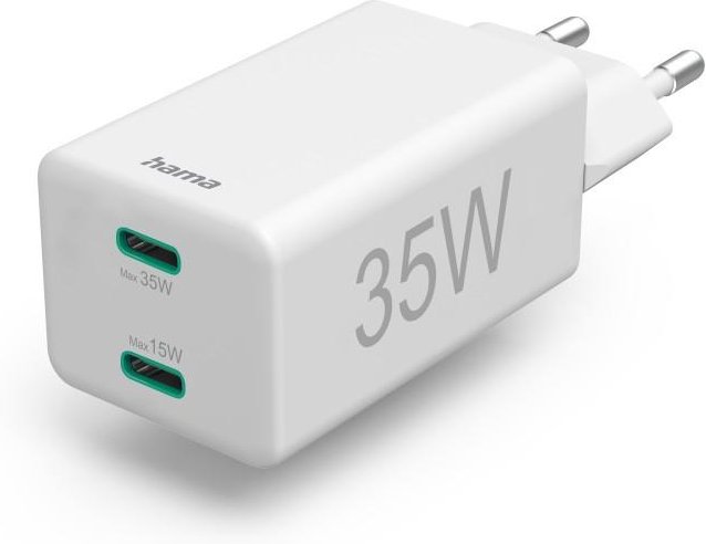 Schnellladegerät, 2x USB-C, PD/Qualcomm®, Mini-Ladegerät, 35 W, Weiß (00125129)