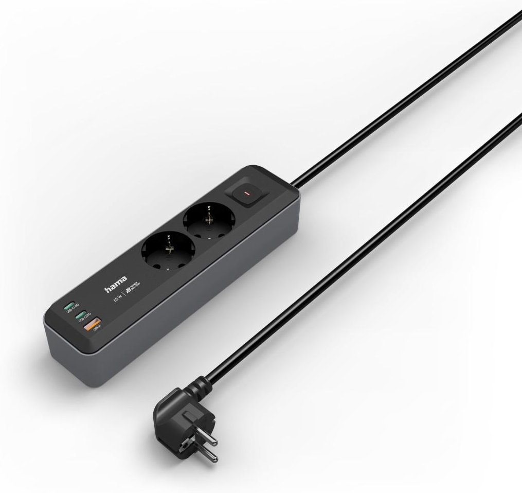 Steckdosenleiste, 2-fach, USB-C/A 65W, PD, Schalter, 1,4 m, Schwarz/Grau (00223193)