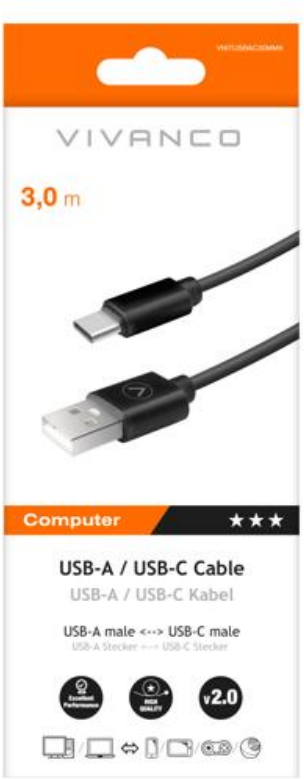 USB-A/USB-C-Kabel, 3 m, Schwarz