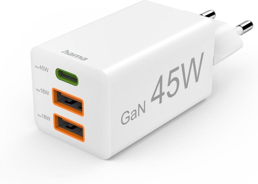 Schnellladegerät, GaN, 1x USB-C, 2x USB-A, Mini-Ladegerät, PD, 45 W, Weiß (00201995)