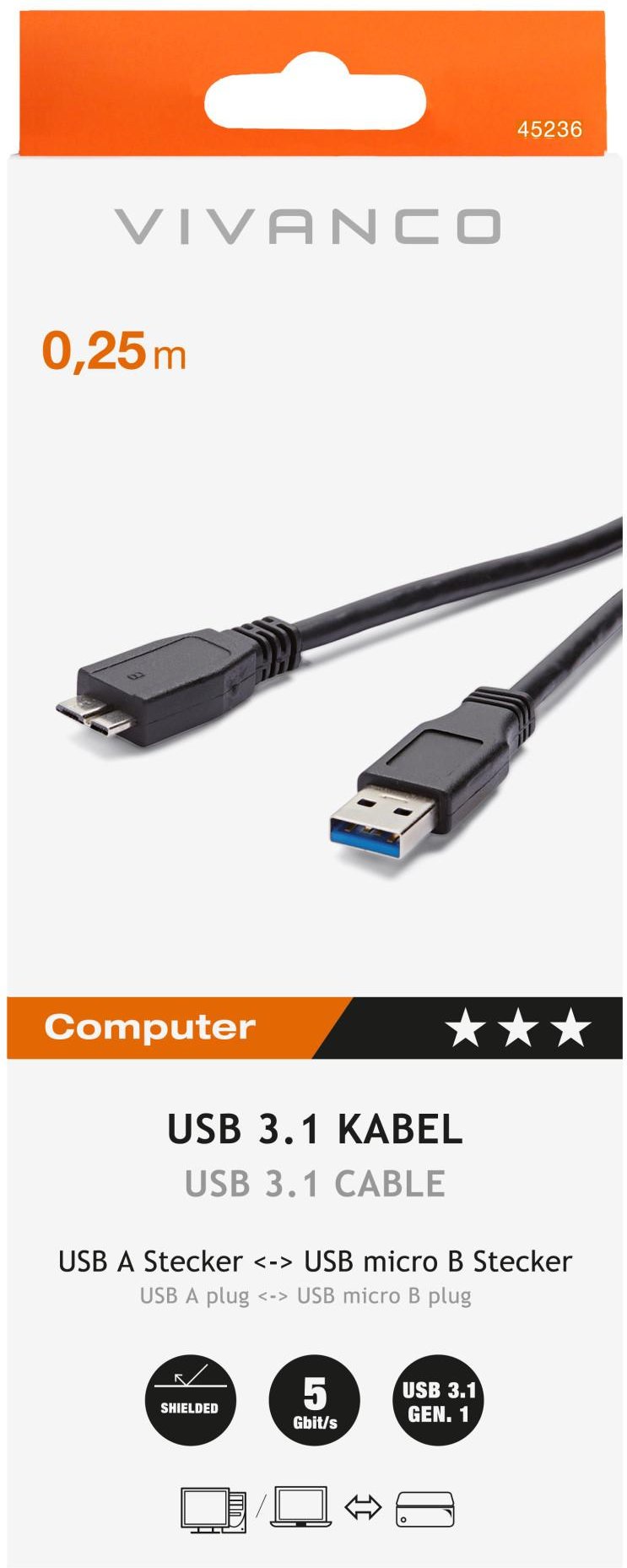 USB 3.1 Gen.1 Anschlusskabel, USB A Stecker USB Micro B Stecker, 0,25m (45236)